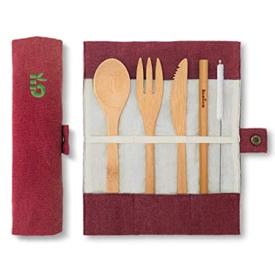 Afbeelding van Bambaw bestek Set Mes, Vork, Lepel Bamboe Camping Bordeaux