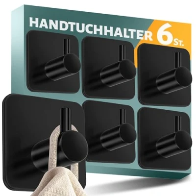 Afbeelding van Menz Handdoekhouder zonder boren, set van 6 stuks, zwarte haken, zelfklevend, stijlvolle wandhaken, klassiek functioneel, sterke kleefhaken als handdoekhaak badkamer