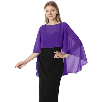 Afbeelding van Hotshawl Capelets voor vrouwen, chiffon cape, sjaals en wraps avondjurk, bruiloft, cover up., Paars, Eén Maat