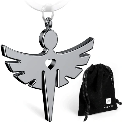 Afbeelding van FABACH Beschermengel, sleutelhanger met hart, edele engelhanger van metaal in zilver, goud, roségoud, zwart, geluksbrenger, cadeau voor auto, rijbewijs voorzichtig rijden, 1 x zilver (glanzend),