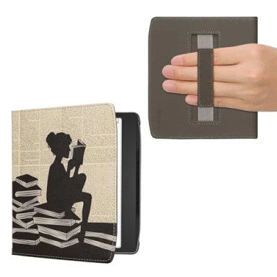 Afbeelding van kwmobile E reader hoesje geschikt voor Pocketbook Era / Color hoes flip case met magneetsluiting Ereader cover Meisje boeken design in zwart beige