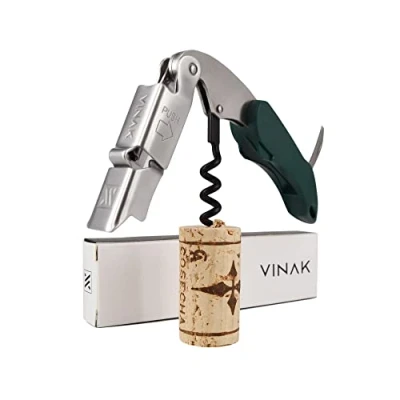 Afbeelding van VINAK XPERT professionele kelners kurkentrekker in roestvrij staal met dubbele gelede steun + flesopener foliesnijder en teflon gecoate spiraal