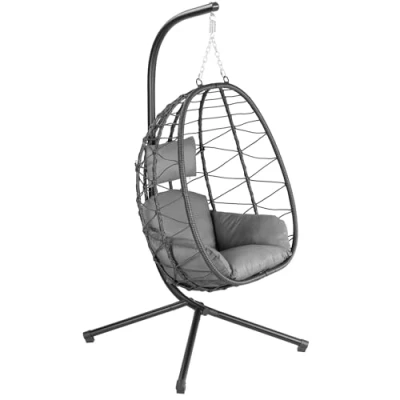 Afbeelding van HinHocker hangstoel met frame antraciet Hangschommel voor binnen en buiten Incl. kussen kussens rieten stoel, terras, eistoel, hangmand