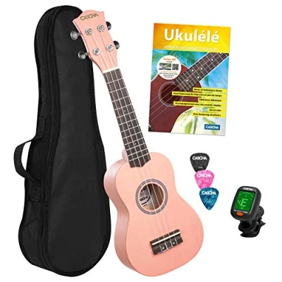 Afbeelding van CASCHA Sopraan Ukelele set, Frans voor kinderen en volwassenen, starterset met 3 plectrums tas, leerboek, leerboek over QR code, stemapparaat, aquila snaren, kleine Hawaii gitaar, roze/roze