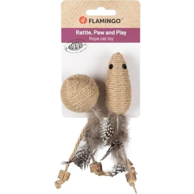 Afbeelding van Flamingo Speelgoed Yutsa Ball Muis, bruin, 13 x 3 cm, met rammelgeluid en veren, oefent een rustgevend effect