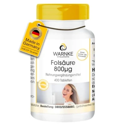 Afbeelding van Foliumzuur 800μg 400 tabletten per tablet Vruchtbaarheid en zwangerschap Duitse apothekerskwaliteit hoge dosering veganistisch Warnke Vitalstoffe