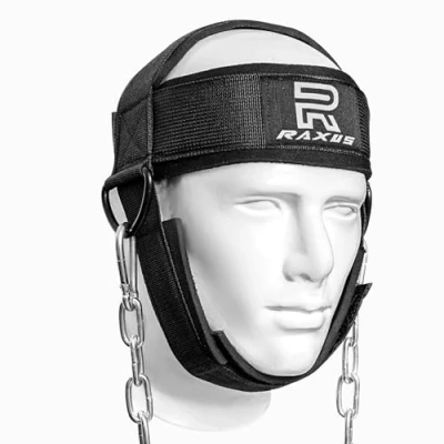 Afbeelding van RAXUS Nekband voor weerstandstraining, extra verzwaarde D ringen en stalen ketting opbouw van een dikkere hals met duurzame trainingshalsband