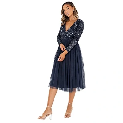 Afbeelding van Maya Deluxe Dames Faux Warp Front Versierde Midi Jurk Bruidsmeisje, Navy, 8
