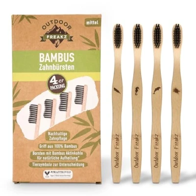 Afbeelding van Set van 4 bamboe tandenborstels met puur bamboehout ✮ veganistisch biologisch afbreekbaar 100% vrij BPA borstelharen houtskool voor de beste reinheid