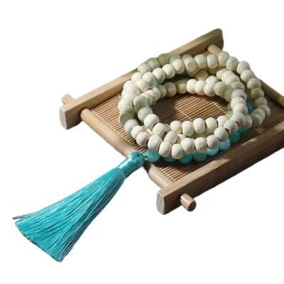 Afbeelding van Mala hout amazoniet Edelsteen wit blauw 108 kralen ketting met kwastje Meditatie Yoga Sparkolia