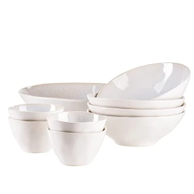 Afbeelding van MÄSER Serie Frozen 9 delige bowl set van mooi keramiek, 1 slakom, 4 ramen kommen en dipschaaltjes, organische vormen in vintage look, met de hand geglazuurd, aardewerk, wit, 26