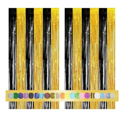 Afbeelding van 2 stuks klatergoudgordijn Zwart goud 1 x 2,5 m, glittergordijn decoratie achtergrondfolie franjegordijnen voor feestdecoratie oudejaarsavond verjaardag bruiloft nieuwjaarsdecoratie