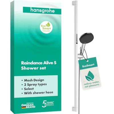Afbeelding van hansgrohe Raindance Alive Select S Doucheset met douchekop waterbesparend (EcoSmart, 3 jets incl. PowderRain), doucheslang (1,60 m) en douchestang (0,90 m), chroom, 24601000