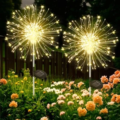Afbeelding van Joycome Tuinverlichting op zonne energie, set van 2 stuks, 120 leds, vuurwerk, buitentuin, 8 modi, padverlichting, waterdichte paardenbloem, zonnelampen voor terras, bloembakken,