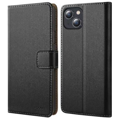 Afbeelding van HOOMIL MagFlip Hoesje voor iPhone 13, lederen flip portemonneehoesje met kaarthouder, zwart