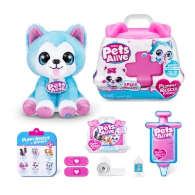 Afbeelding van Pets Alive Pet Shop Surprise Series 3 Puppy Rescue van ZURU, Wolf Dog, Nurture Play, Soft Toy Unboxing, Heal Adopt Interactieve, Ultra Plushies met Elektronisch Spreken en Herhalen (Wolf Dog)