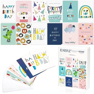 Afbeelding van EXERZ 24 verschillende wenskaarten Multipack voor verjaardag 12 ontwerpen x2 verjaardagskaarten. Geschikt kinderen en volwassenen, jongens meisjes.