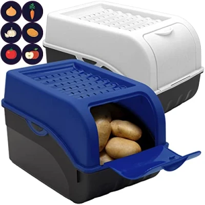 Afbeelding van ARTECSIS Aardappelopbergdoos, donkerblauw en wit, set van 2, groentebox, aardappelbox met deksel voor ca. 4 kg aardappelen + 6 stickers groentesoorten