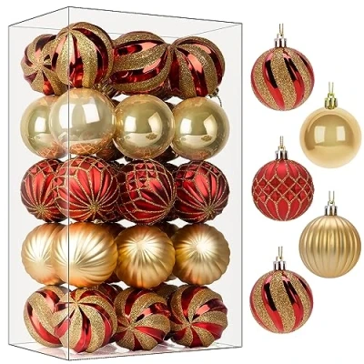 Afbeelding van SHareconn Kerstboomdecoraties kerstballen 30 stuks 60 mm ornamenten, onbreekbare ballen hangende decoraties voor kerstboom, gekleurde vakantiefeest, voorhangende snaren, rood en goud