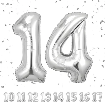Afbeelding van Verjaardagsballonnen 14 jaar zilver 105 cm verjaardagsdecoratie van een man en vrouw opblaasbare cijferballon in beige folie
