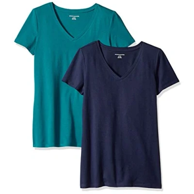 Afbeelding van Amazon Essentials Women&#039;s T shirt met korte mouwen en V hals in klassieke pasvorm, Pack of 2, Donkergroen/Marineblauw, L