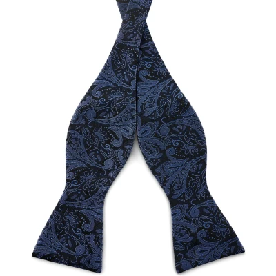 Afbeelding van Zijden zelfbinder vlinderdas met marineblauw en lichtblauw paisleymotief