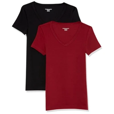Afbeelding van Amazon Essentials Women&#039;s T shirt met korte mouwen en V hals in slanke pasvorm, Pack of 2, Bordeauxrood/Zwart, M