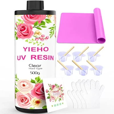 Afbeelding van YIEHO uv hars, 500 g, set transparant, kristalhelder, epoxyhars, snelle uitharding, voor sieraden, kunsthandwerk, met siliconen mat