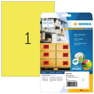 Afbeelding van Etiket HERMA 5148 210x297mm A4 fluor geel 20stuks