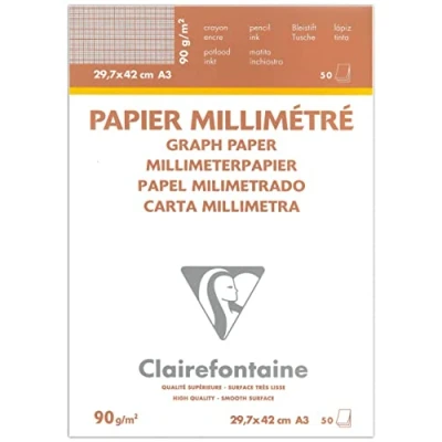 Afbeelding van Clairefontaine Ref 97136C Wit Vellum Graph Pad (50 vellen) 29,7 x 42cm formaat, 90 g/m² papier, grafiek uitingen, Sepia Front &amp; Blue Back, glad oppervlak