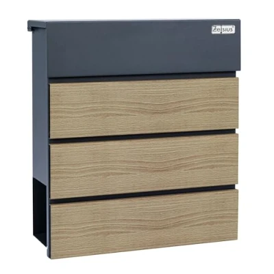 Afbeelding van Zelsius brievenbus Wood met krantenvak Postbox in RAL7016 antraciet houtlook geïntegreerd soft close effect wand of staande montage brievenbus, wandkast, postbus,