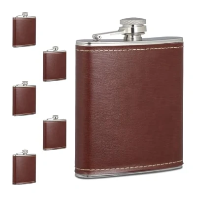 Afbeelding van Relaxdays heupfles set van 6 kunstleer rvs platvink heupflacon 200 ml mini