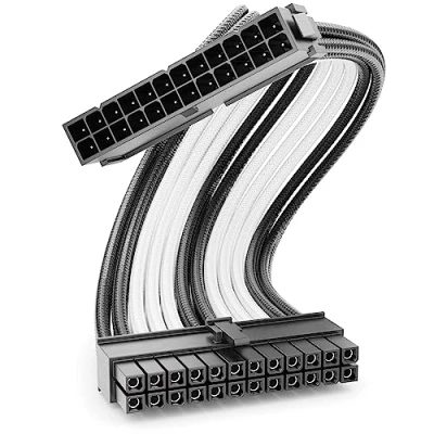 Afbeelding van deleyCON 24 Pins ATX Voedingskabel Intern 30 cm 18 AWG PSU Moederbord PC Computer Voeding Nylon Mannelijk naar Vrouwelijk Zwart Wit