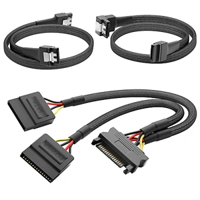 Afbeelding van KabelDirekt 15 pin SATA connector op 2 x stroomkabel (30 cm + 7 3 datakabel 6 Gbit/s 90 haaks 60 cm)