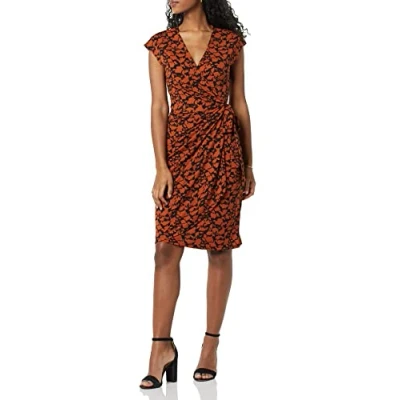 Afbeelding van Amazon Essentials Klassieke wikkeljurk met kapmouwen voor dames (verkrijgbaar in grote maten), bruine bloemenprint, klein