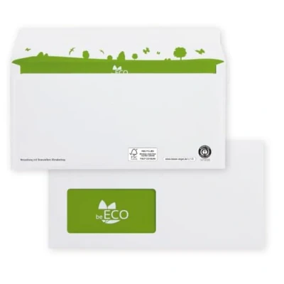 Afbeelding van beECO envelop DIN lang (500 stuks), zelfklevende met venster, enveloppen van 100% gerecycled papier, geschikt voor A4 wit, 110 x 220 mm, 80 g/m²
