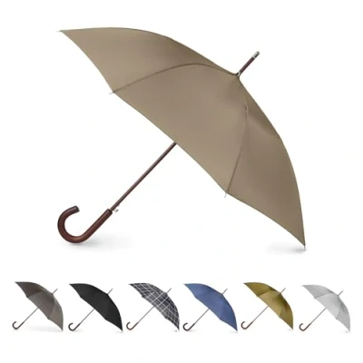 Afbeelding van Totes Eco Auto Open Paraplu Klassiek houten J stick handvat met gemakkelijke grip winddicht, regendicht en duurzaam luifelontwerp veelzijdig reizen, perfect voor regenachtige dagen, Beige, Eén