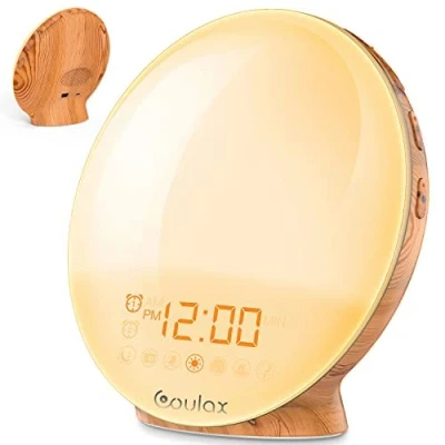 Afbeelding van COULAX Multicolor wake up Light Wekker, houtlook, daglichtwekker met 2 wektijden, 7 natuurlijke geluiden en FM radio, snooze, licht, wekker voor volwassenen kinderen