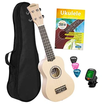 Afbeelding van CASCHA Sopraan ukelele set Duits voor kinderen en volwassenen I starterset met 3 plectrums tas leerboek leervideo&#039;s via QR code stemapparaat aquila snaren nylon kleine Hawaii gitaar crème