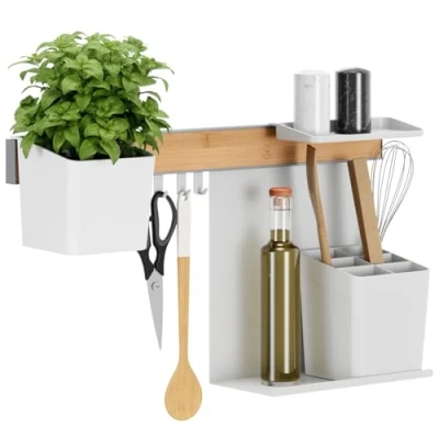 Afbeelding van tesa Keukenorganizer Combi Set M Zelfklevende Keukenrail met Kruidenpot, 2 Planken, Keukengereihouder, Haakrail incl. 3 Haken Installatie zonder Boren Bamboe/Wit