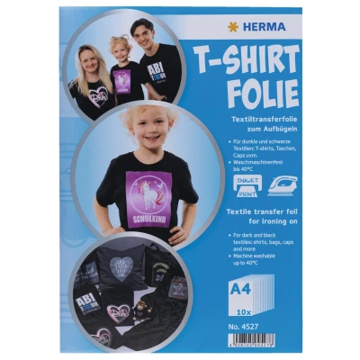 Afbeelding van HERMA 4527 Transferfolie voor donker en zwart textiel A4 (210 x 297 mm, 10 vellen, mat) textielfolie bedrukken opstrijken, bedrukbare T shirt strijkfolie inkjet/inkjetprinters