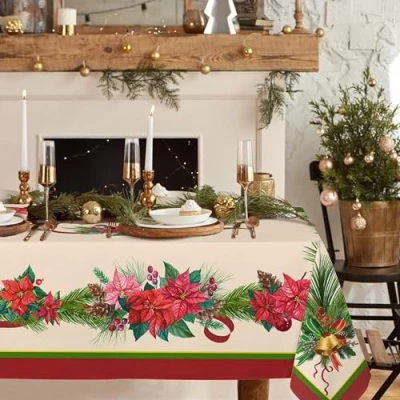 Afbeelding van Rechthoekig kerst tafelkleed, kerstster hulst dennenappel polyester waterdicht kreukbestendig duurzaam tafelkleed voor feestdagen, keuken, winter en woondecoratie, 152 x