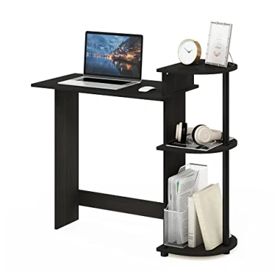 Afbeelding van Furinno Compact computerbureau, studiebureau met planken, zwart/grijs, 99 (B) x 85,3 (H) 39,4 (D) cm