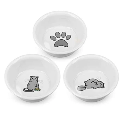 Afbeelding van Navaris voerbakjes voor katten Set van 3 voer en waterbakken Etensbak porselein Met ontwerp Wit