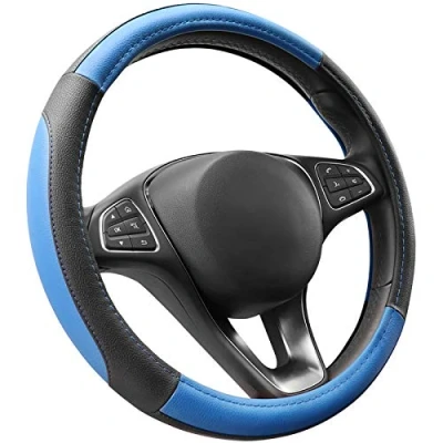Afbeelding van COFIT 15 inch Microfiber Leer Stuurhoes Auto Universele Stuurwielhoes Antislip Stuur Hoes Autostuurwielhoezen Maat M 37 38cm Blauw en Zwart