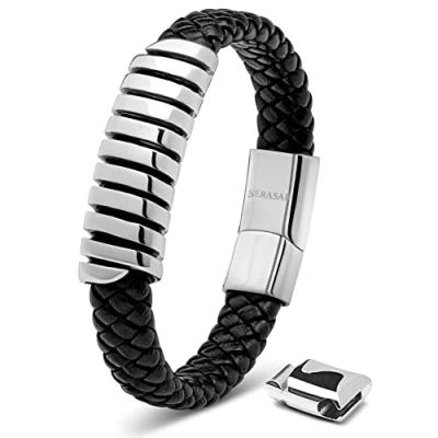 Afbeelding van SERASAR Herenarmbanden Armband Zilver Heren Leer voor 23cm Lederen Leren Mannen Cadeau Man Sieraden Vlechtarmband Wikkelarmband Ketting Leather Bracelet Men
