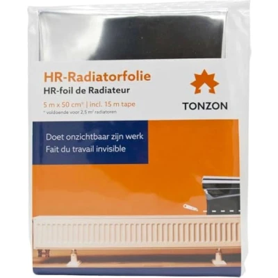 Afbeelding van Tonzon Radiatorfolie 50cm x 5m Incusief 15m Warmtebestendig Dubbelzijdig Tape Tot 80% Besparing Achterop De Radiator Aanbrengen