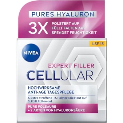 Afbeelding van NIVEA Cellular Expert Filler Zeer effectieve anti aging dagcrème SPF 15, extra verstevigende gezichtsverzorging met vuleffect, opvullende hyaluronzuur en zonnebrandcrème (50 ml)