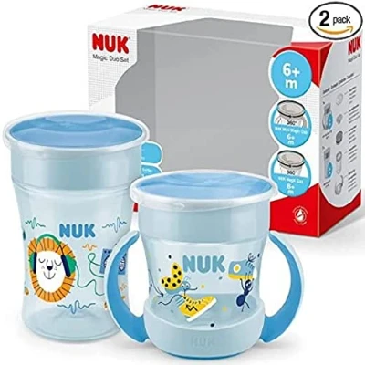 Afbeelding van NUK Magic Cup &amp; Mini drinkbekers, duoset lekvrije 360 drinkrand vanaf 6 maanden en 8 lekvrij BPA vrij 160ml 230ml blauw