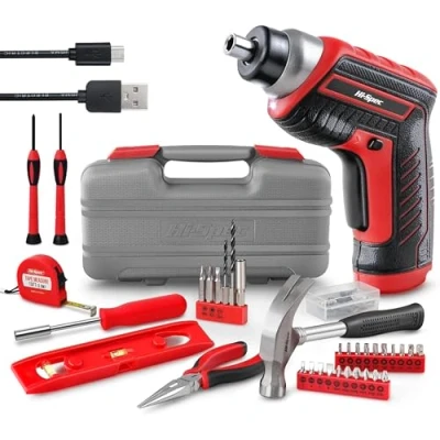 Afbeelding van Hi Spec 35 Delige Gereedschapsset met Elektrische USB Oplaadbare Schroevendraaier, Handgereedschap &amp; 40 Wandmontage Set in Rood Koffer Ideaal voor Huishoudelijke Reparaties